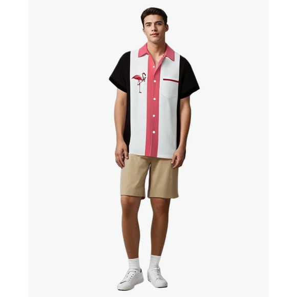 ❤️Men Pink Print Short Sleeve Hawaiian Fit Casual Button Down Beach Shirts - Picture 5 of 7